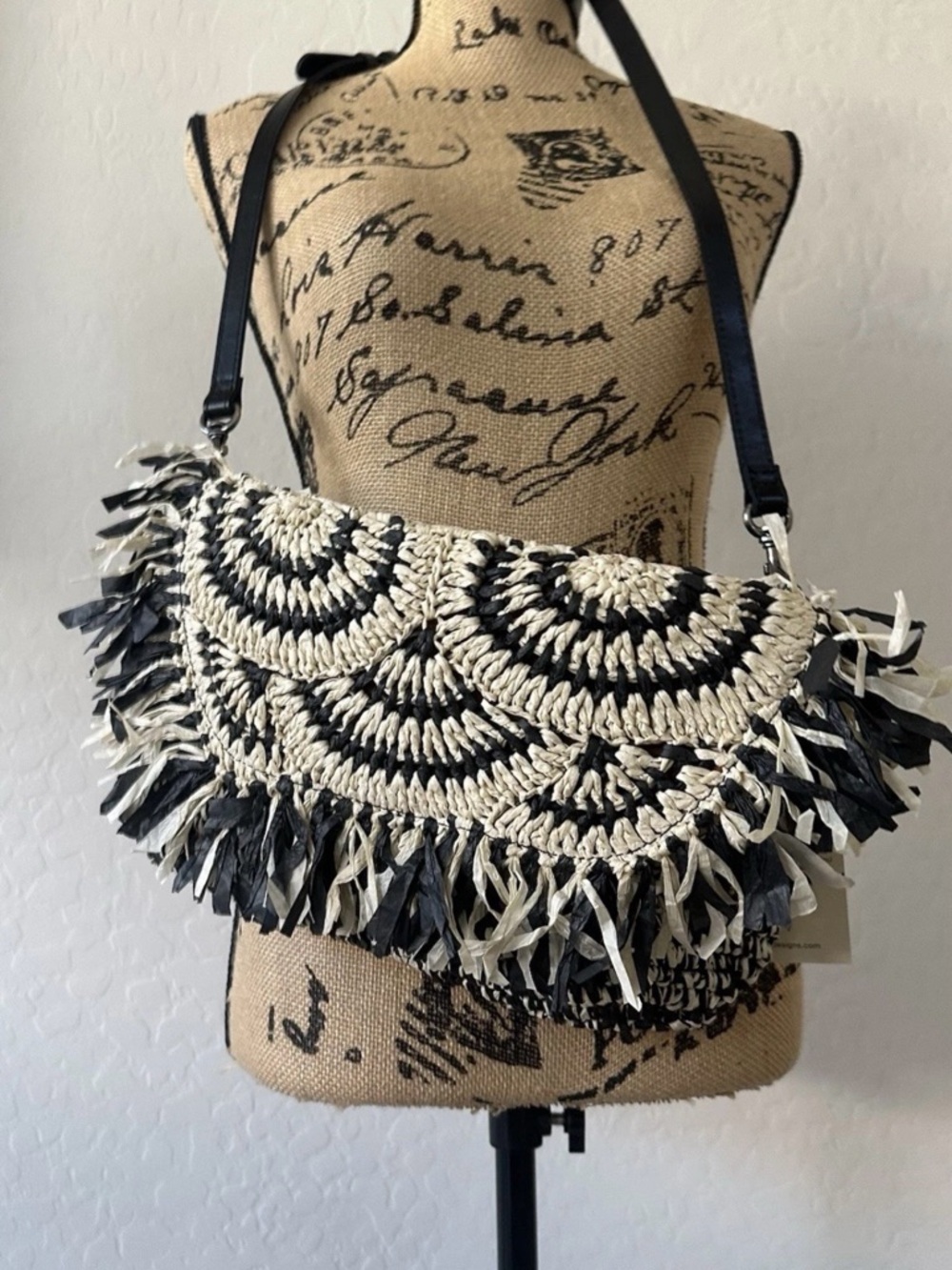 NWT Patricia Nash Loulia Clutch Woven Straw Crossbody with Leather Trim Black